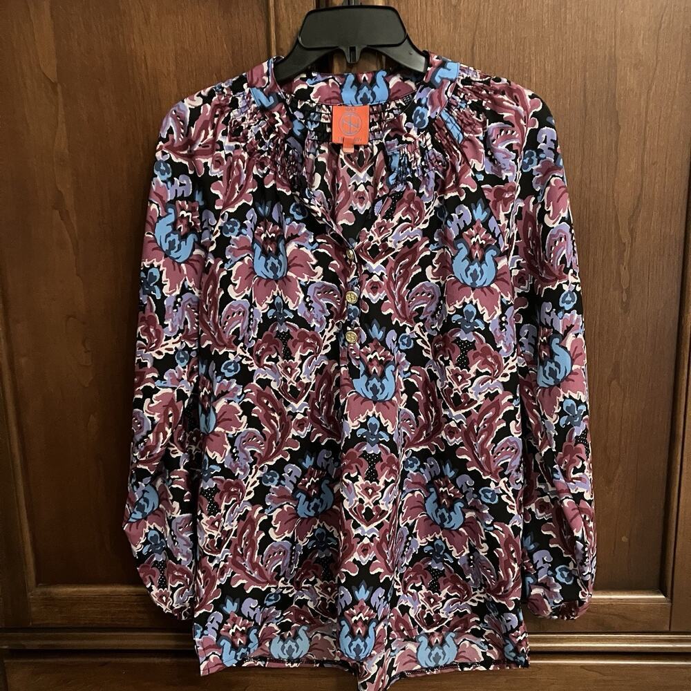 Tracy Negoshian Womens‎ XS Damask Floral Smocked Split Neck Blouse dark academia